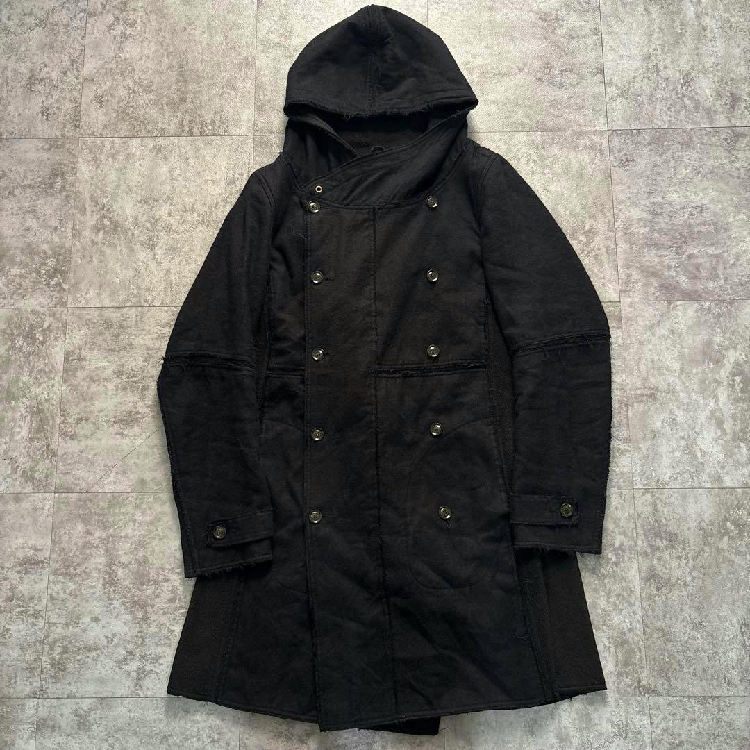00s SHARE SPIRIT archive hooded jacket laid flat showing the front with a hood and double-breasted button closure.