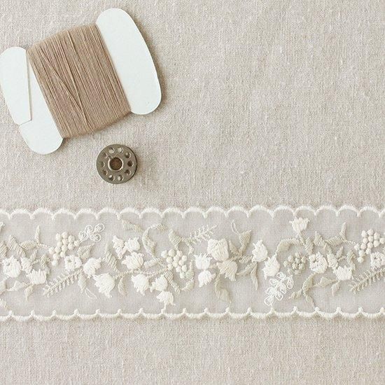 A length of cotton lace trim with embroidered floral motifs laid flat on a neutral background beside a small spool and metal bobbin.