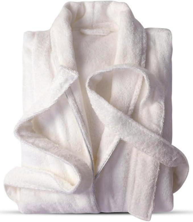 Folded white towel‑fabric bathrobe with a shawl collar and tied belt visible.