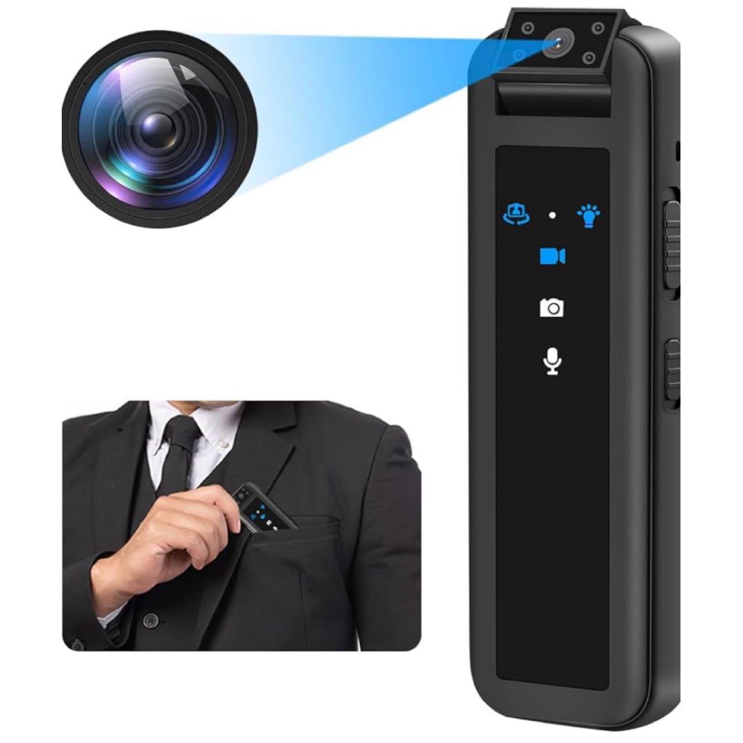 Black body/action camera with a rotating lens and front icons, shown being placed into a suit jacket pocket.