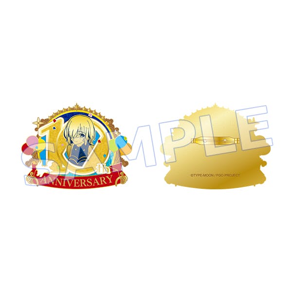 Front and back views of a 10th anniversary commemorative brooch showing a character portrait and a red "ANNIVERSARY" banner.