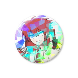 Round can badge with a colorful illustration of a red-haired character.