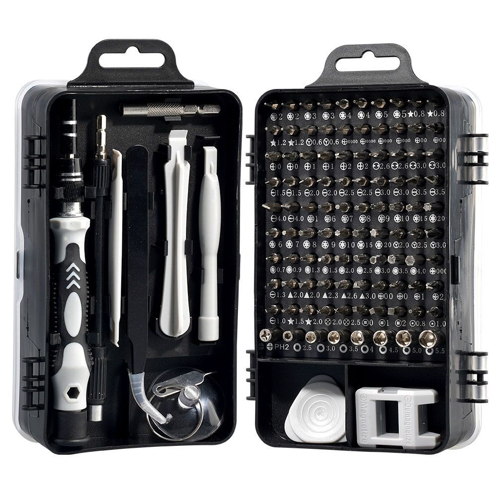 Open black case showing a precision screwdriver handle, many screwdriver bits, and small prying tools.