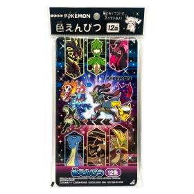 Front view of a 12-color colored pencils set in its packaging featuring Pokémon character illustrations.