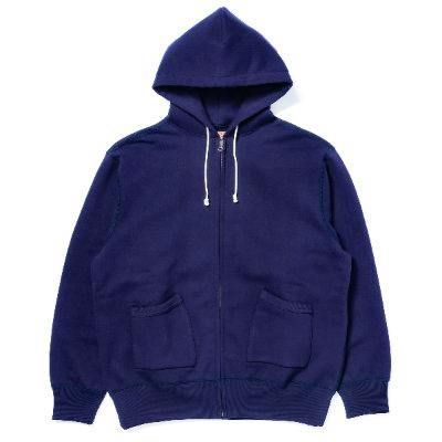 Front view of a navy blue 12 oz. full-zip hooded men's sweatshirt with drawstrings and two front pockets.