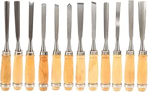 A set of 12 woodworking chisels with wooden handles arranged in a row on a white background.