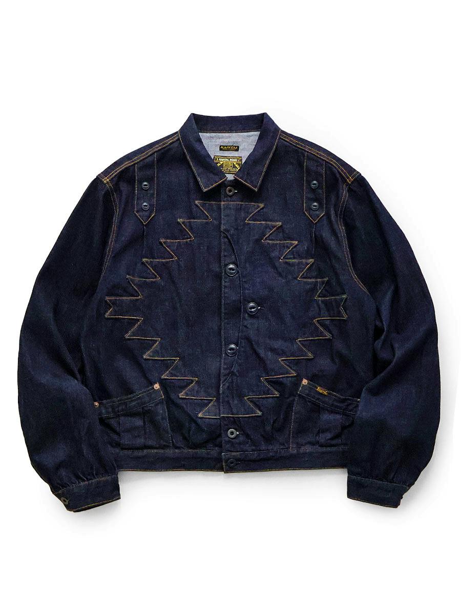 A 12oz denim men's Thunderbird jacket laid flat showing the front with zigzag thunderbird stitching, button closure, and front pockets.