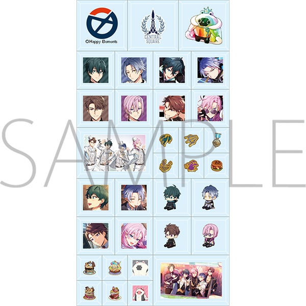 A sheet of plastic tile stickers featuring character portrait squares, chibi figures, item icons, and logos arranged in a grid with a SAMPLE watermark.