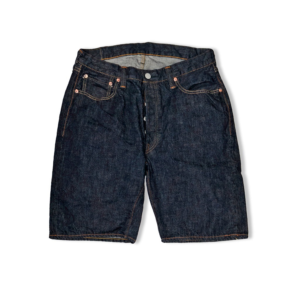 Front view of men's five-pocket denim shorts laid flat on a black background.