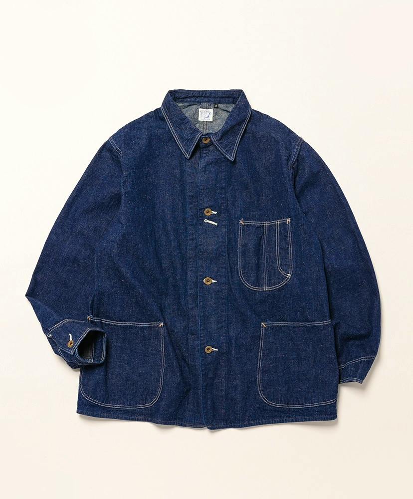 Flat-lay photo of a men's 1940s cotton coverall in indigo showing front buttons, three patch pockets, and contrast stitching.