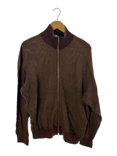 Front view of a brown high-neck zip-up men's knit jacket hanging on a wooden hanger.