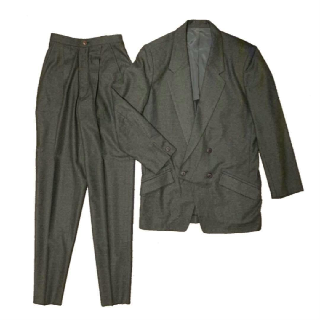 80s ISSEY MIYAKE men's wool jacket and matching trousers laid flat on a white background.
