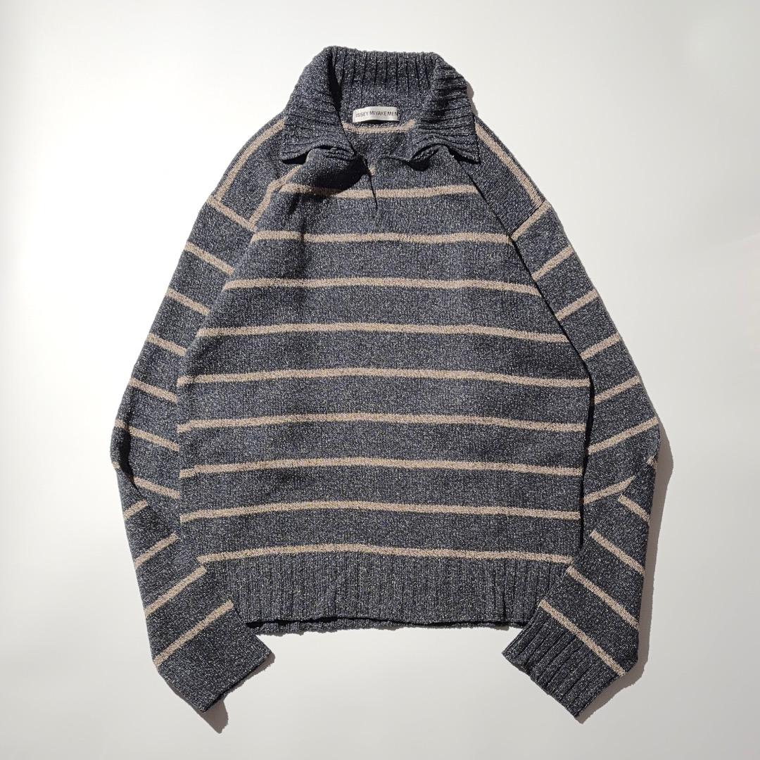 Front flat-lay of the men's silk knit polo sweater showing its striped pattern and collar.