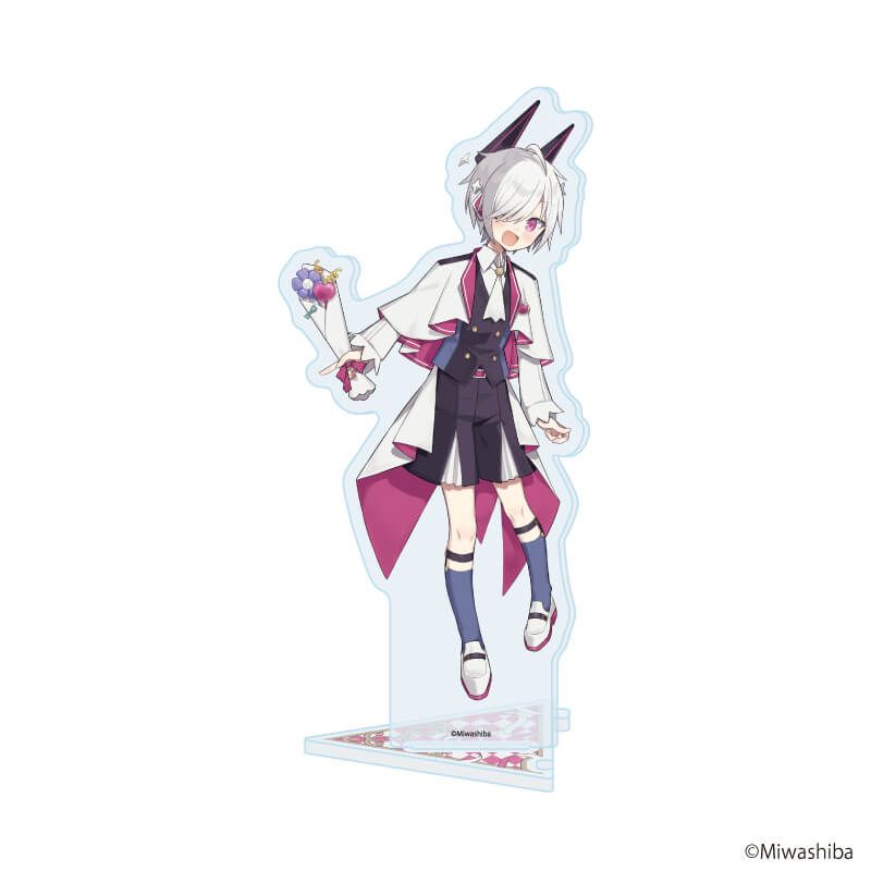Acrylic stand showing the character Nanashi in a party dress mounted on a clear base.
