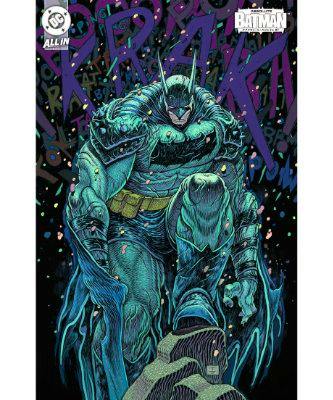 Magazine cover art showing Batman in a stylized crouching pose reaching forward against a dark patterned background.