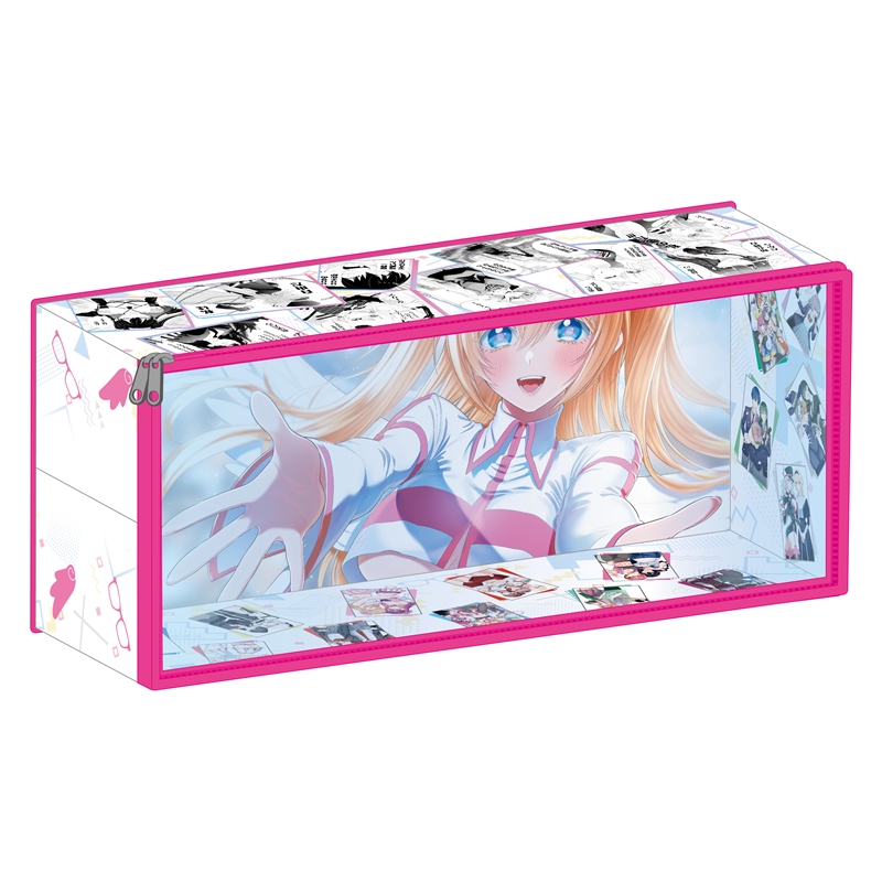 Rendered image of a rectangular paper comics storage bag with pink trim and a printed anime character visible through a clear front panel.