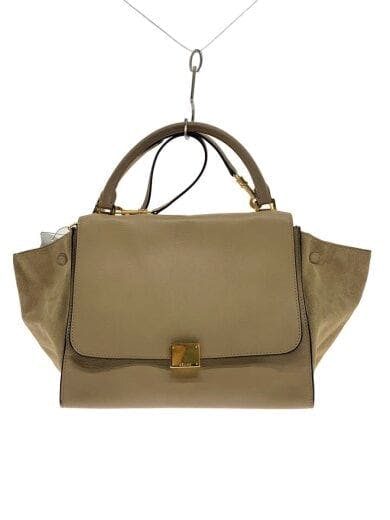 Front view of a beige 2-way leather shoulder bag hanging from a hook.