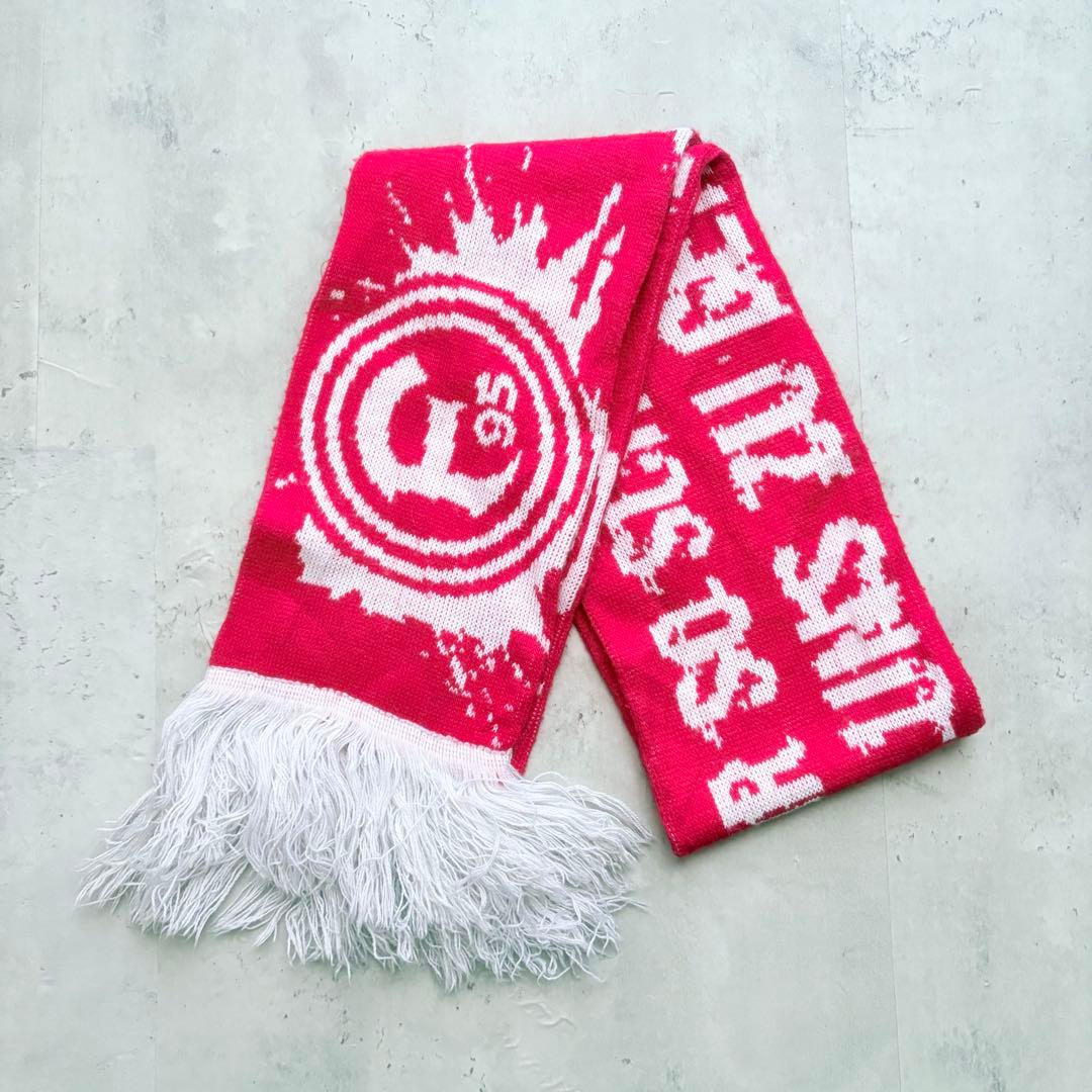 Red and white Fortuna Düsseldorf team scarf laid flat showing club logos, text, and white fringed ends.