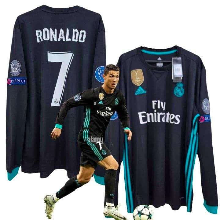 Front and back views of a black 2017–18 Real Madrid long-sleeve Adidas jersey showing the name RONALDO and number 7.