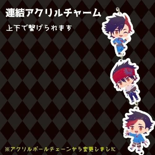 A vertical string of three connected acrylic chibi character keychain charms shown against a dark diamond-patterned background.