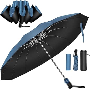 Blue-and-black reverse-folding automatic umbrella shown open and folded with its carry sleeve and storage case.