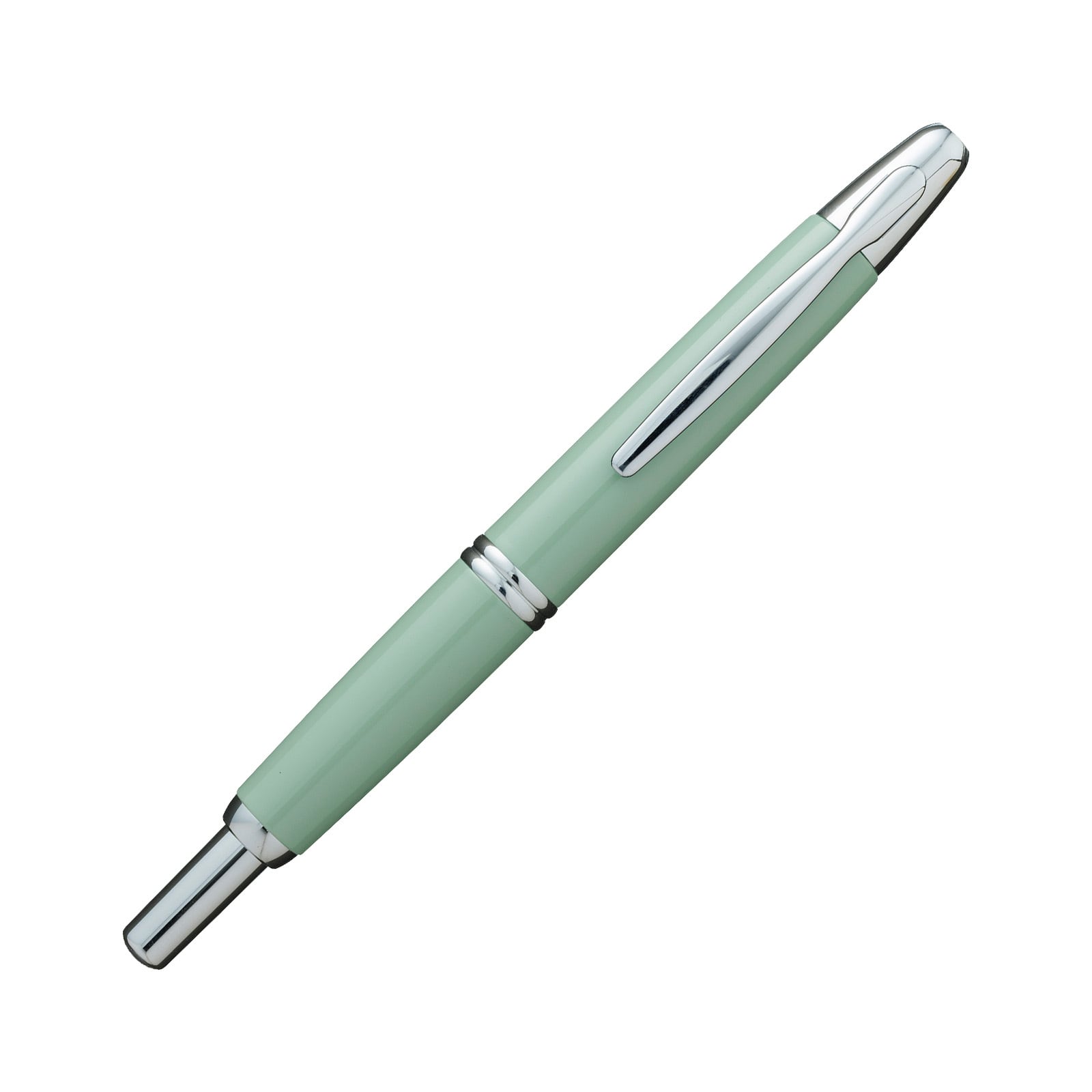 Glossy smoke-green capless fountain pen with chrome trim shown diagonally on a white background.