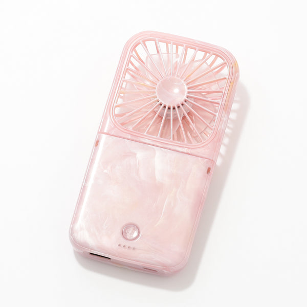 Pink sheer marble smart handheld fan photographed on a white background.