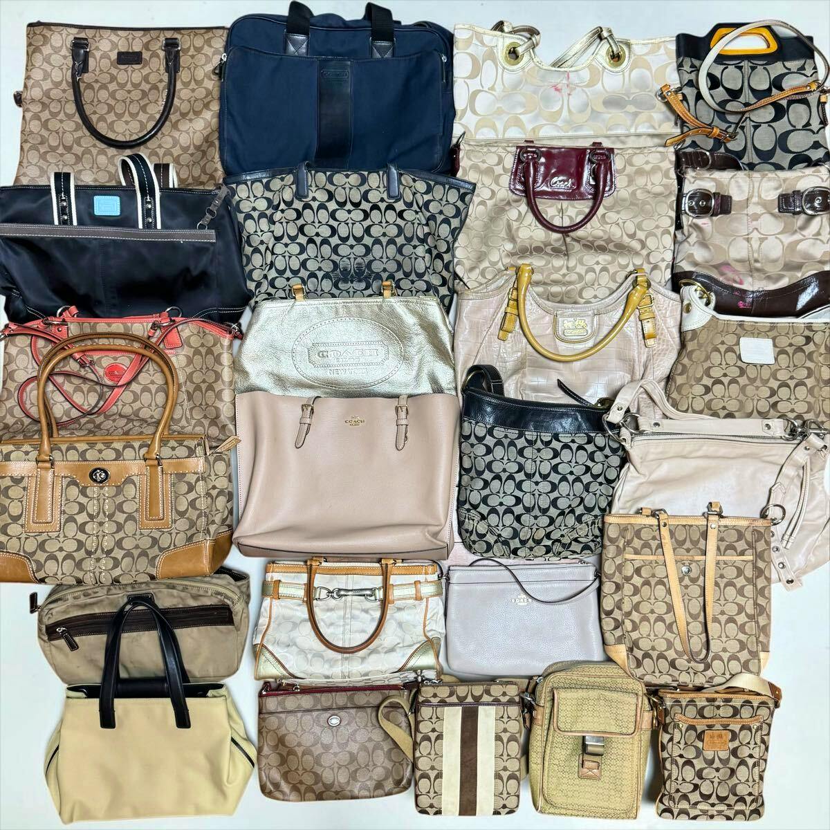 Flat lay of multiple COACH bags and purses arranged together, showing various signature C canvas patterns and leather handles.