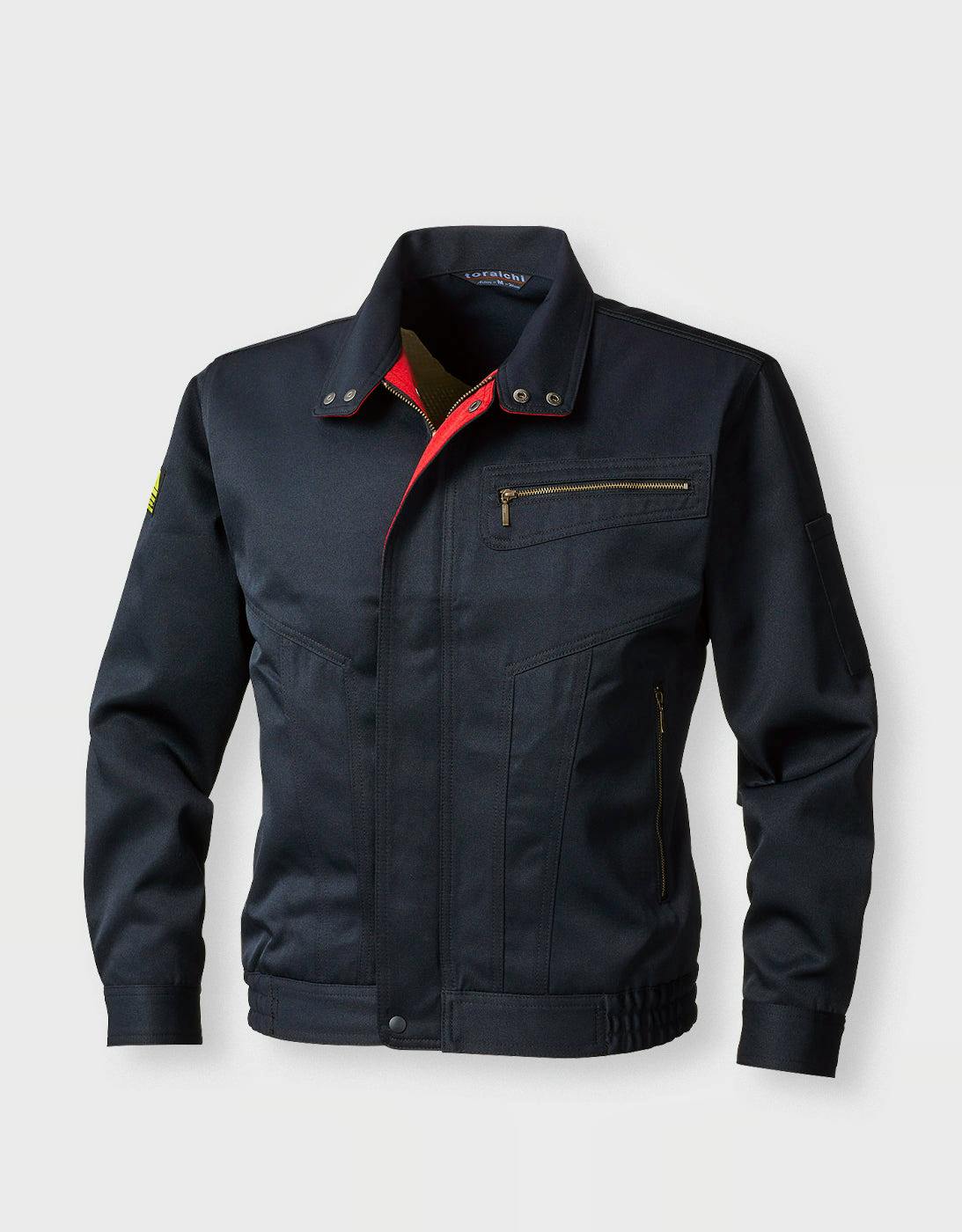 Front view of a men's polyester jacket in a dark color with a red inner placket, a zippered chest pocket, and zippered side pocket.