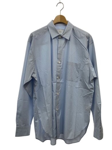 Front view of a blue oversized long-sleeve men's cotton shirt (size M) hanging on a hanger.