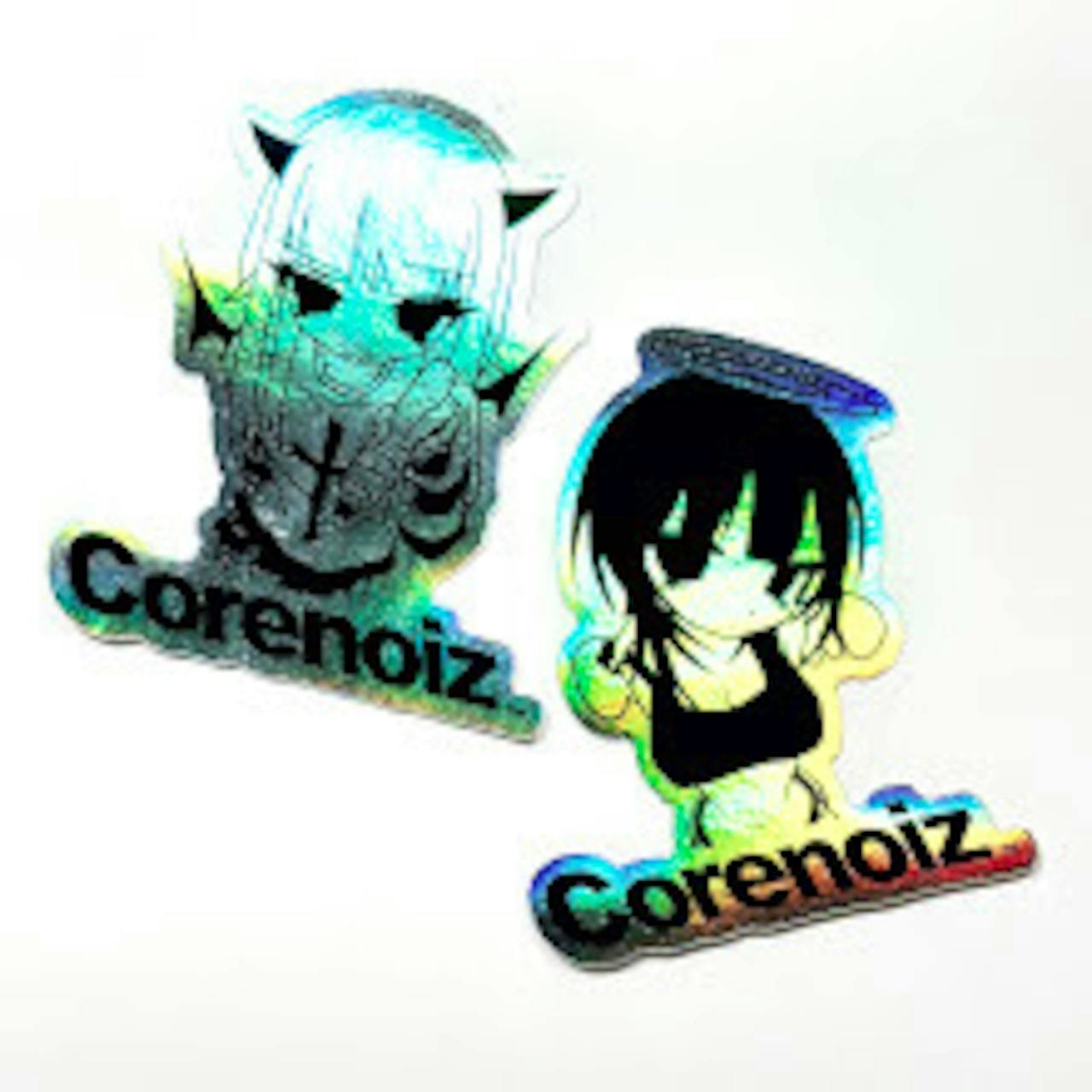Two holographic Corenoiz plastic stickers featuring stylized anime characters on a white background.