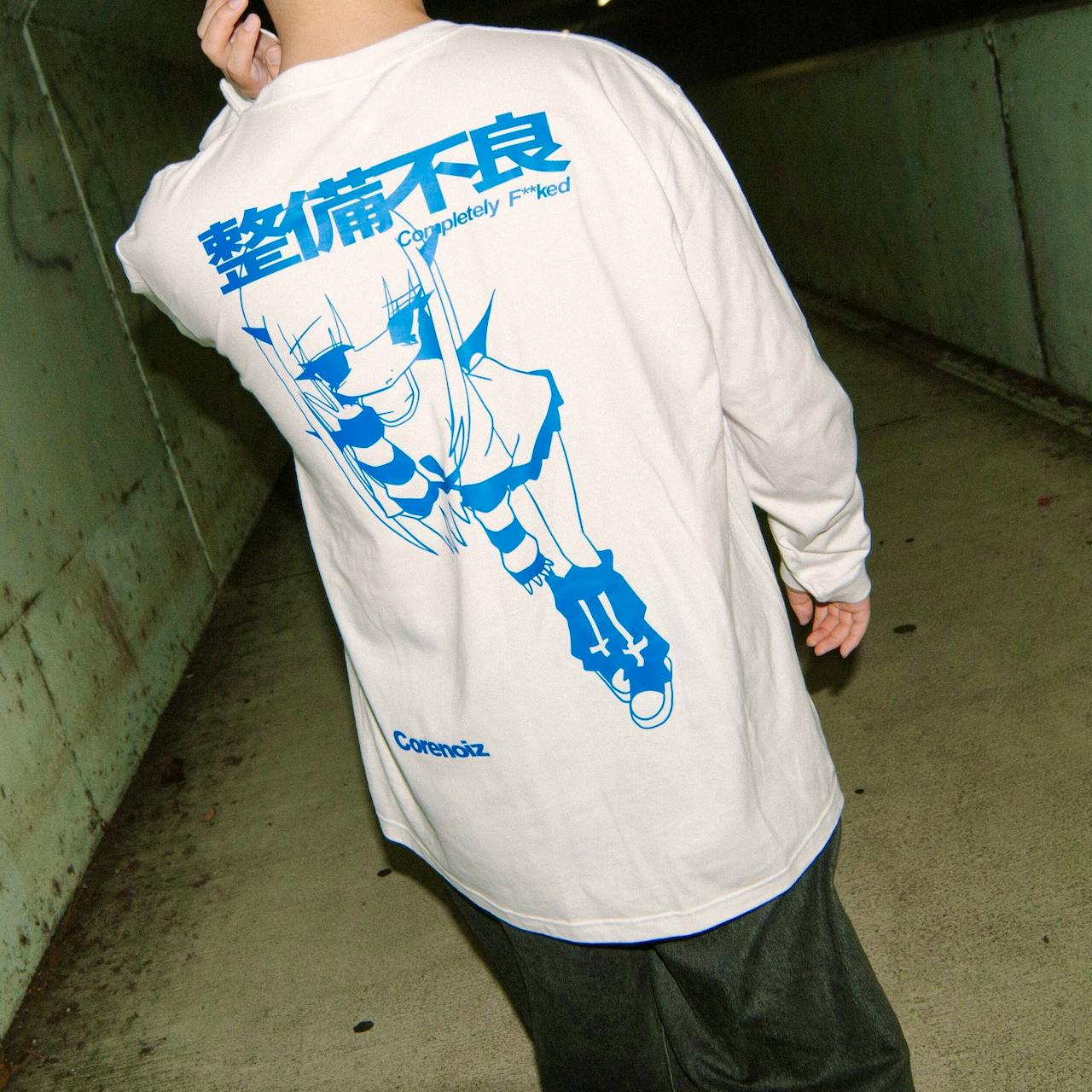 Back view of a person wearing the white long T-shirt displaying a large blue anime-style character and Japanese text printed on the back.
