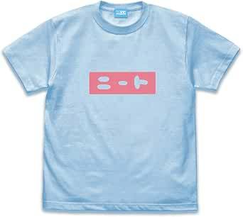 Light blue cotton T-shirt (size M) laid flat with a pink rectangular chest graphic containing white symbols.