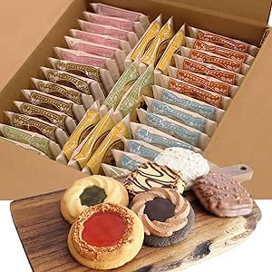 A cardboard box of individually wrapped twice-baked cookies with several unwrapped cookies displayed on a wooden board in front.