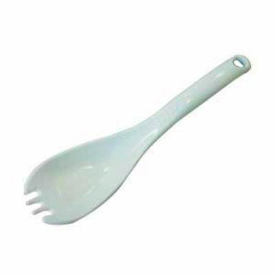 White split-tip polypropylene Chinese-style soup spoon on a white background.