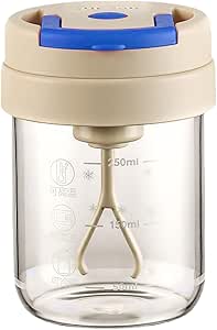 Clear plastic 300ml automatic-mixing tumbler with a beige lid, blue flip cap, and an internal mixing propeller visible inside.