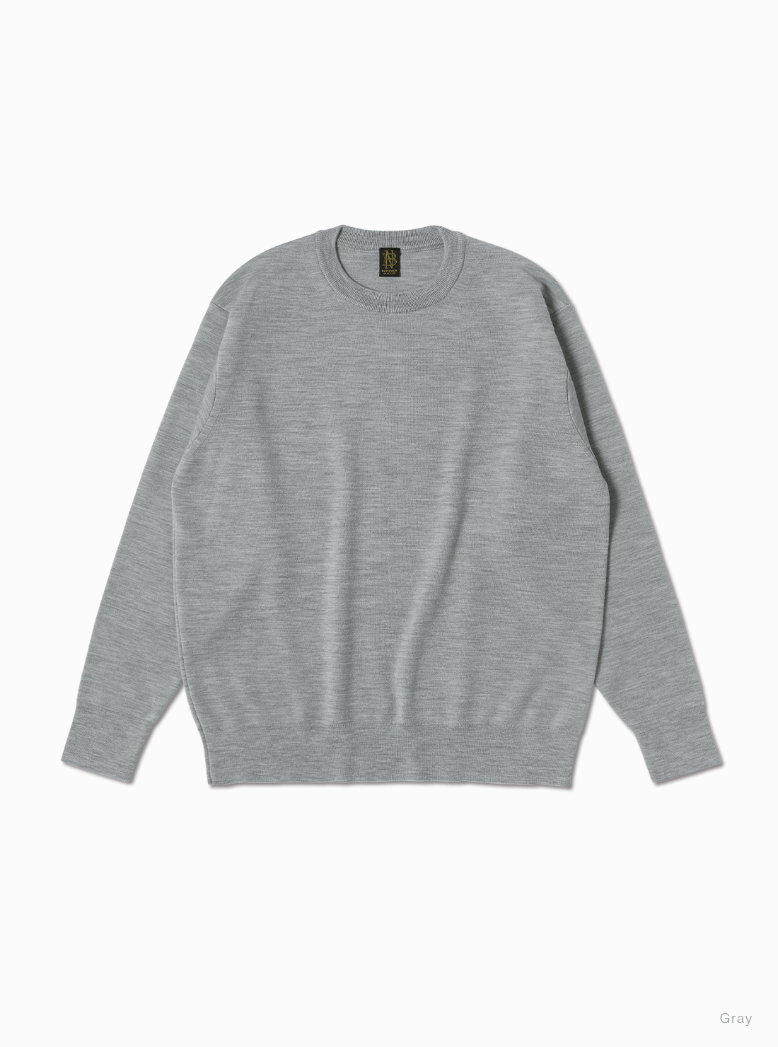 Gray wool crew-neck sweater laid flat on a white background.