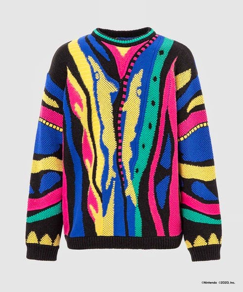 Front view of the 3D knit sweater (shark design) in a bright multicolored pattern.