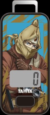 Front view of the FB-741 Golden Kamuy model pedometer showing character artwork, a digital display, and the TANITA logo.