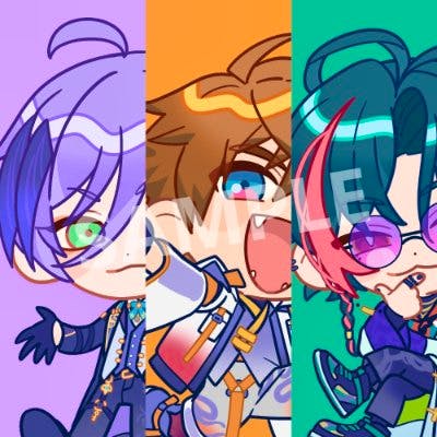 Artwork showing three chibi character designs for the 3-piece acrylic keychain with a SAMPLE watermark.
