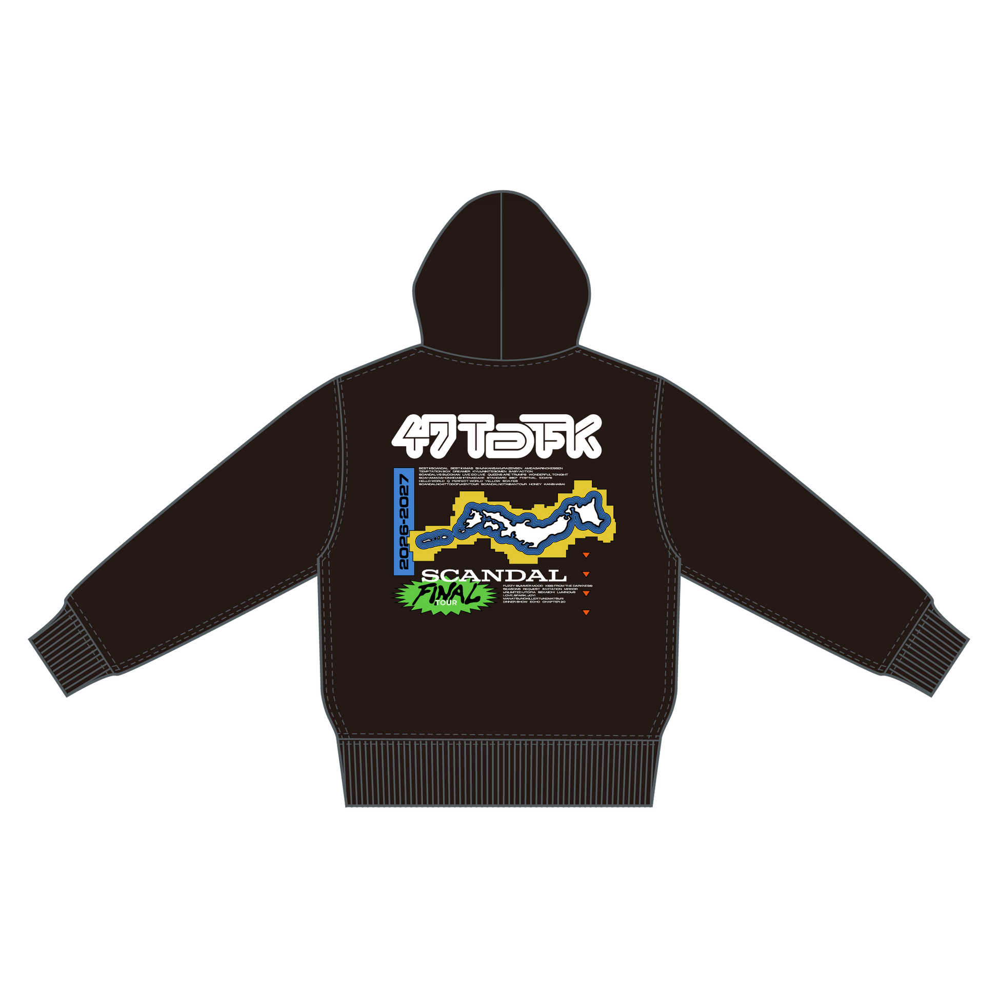 Front view of the black 47フーディー cotton hoodie showing the drawstring hood, orange chest graphic, kangaroo pocket, and ribbed cuffs and hem.