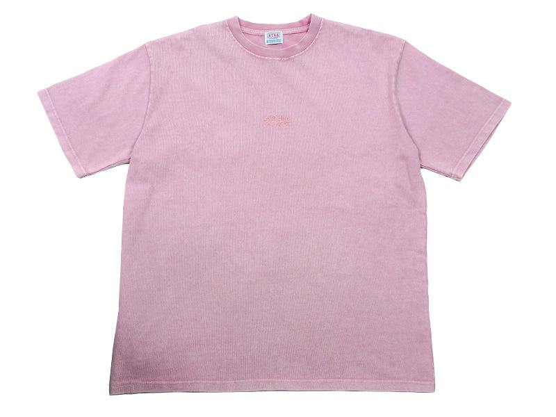 Front of the 4T4A Pigment Tee in pink laid flat showing a small chest logo and crew neckline.
