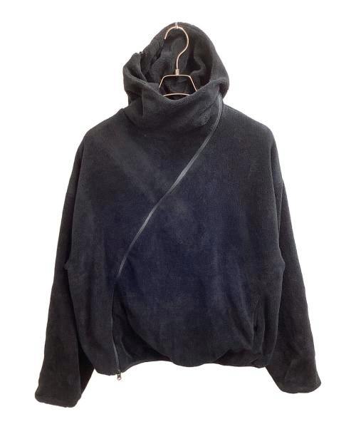 Front view of the men's polyester hoodie jacket with a diagonal zipper and high cowl hood hanging on a hanger against a white background.