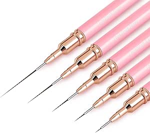 Five pink-handled nail art liner brushes with metal ferrules and very fine pointed tips shown on a white background.