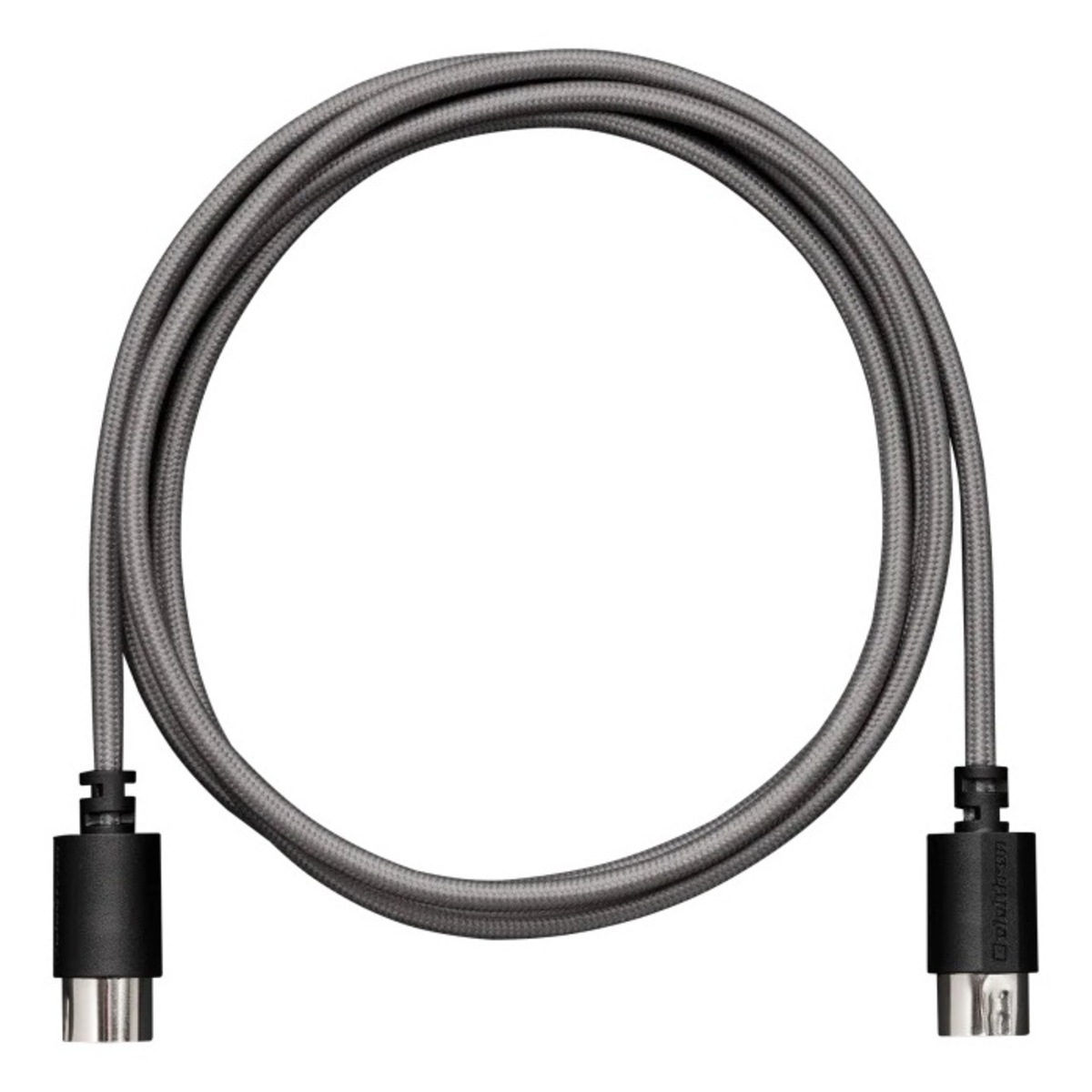A 42cm 5-pin MIDI cable with a gray braided sheath and black DIN connectors arranged in a loop on a white background.