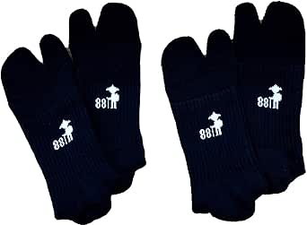 Two pairs of black split-toe (tabi) socks with a small white logo shown on a white background.