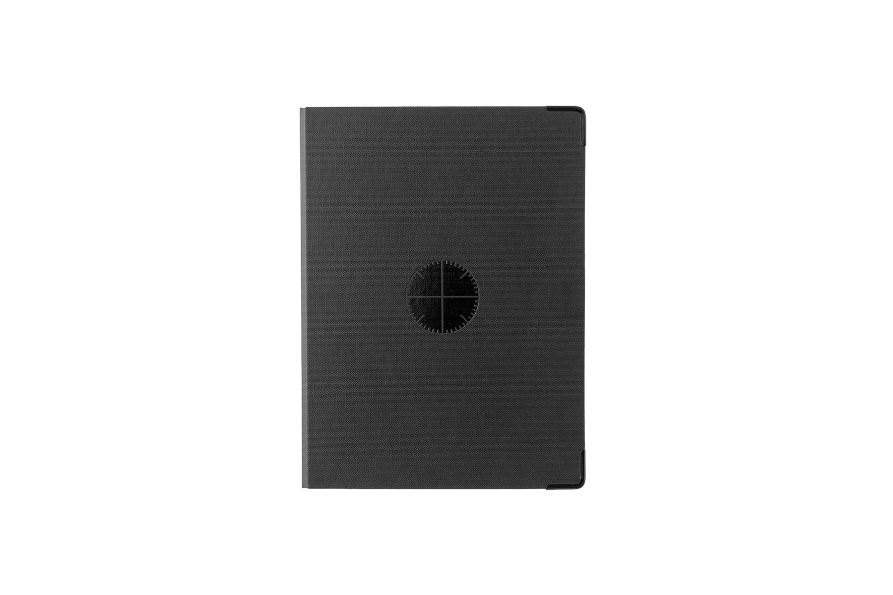 Front view of a black A5-sized refill storage notebook with a circular cutout on the cover.