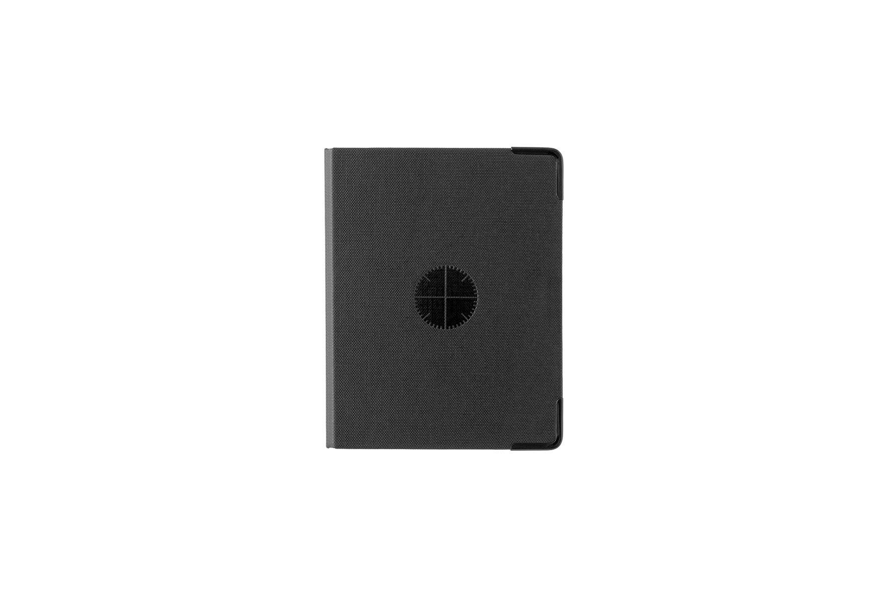 Front view of a black mini-sized ring-style refill storage binder with a circular design on a white background.