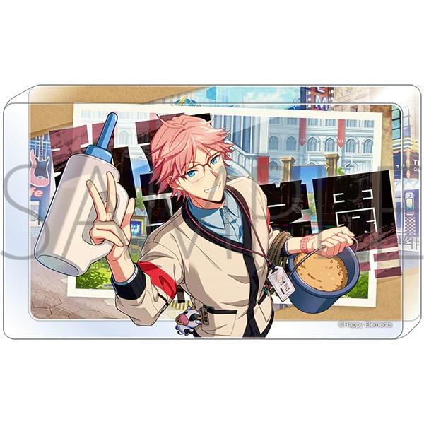 A rectangular acrylic block featuring an illustrated Dino Albani (Schooldays ver.) with pink hair and glasses holding a squeeze bottle and a bowl against a city backdrop.