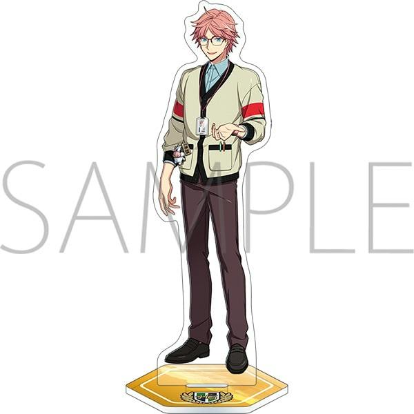 Full-body acrylic stand of Dino Albani (Schooldays ver.) showing the character wearing glasses and a cardigan on a hexagonal gold base.